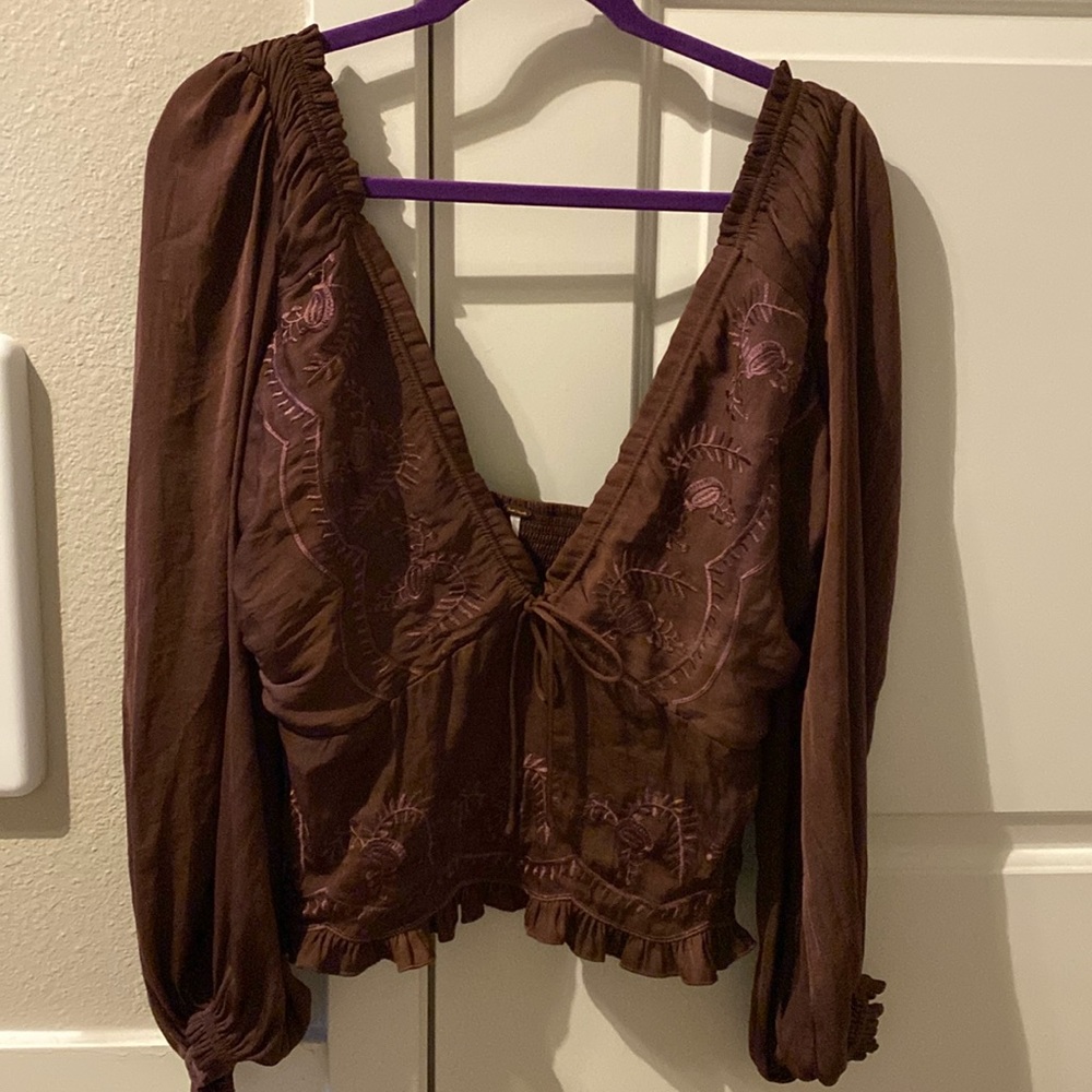 Free People Silky Brown Peasant Blouse